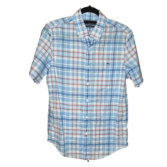 Vineyard Vines Men Slim Tucker Shirt Short Sleeves Cotton Plaid Blue and Red S - Picture 1 of 6